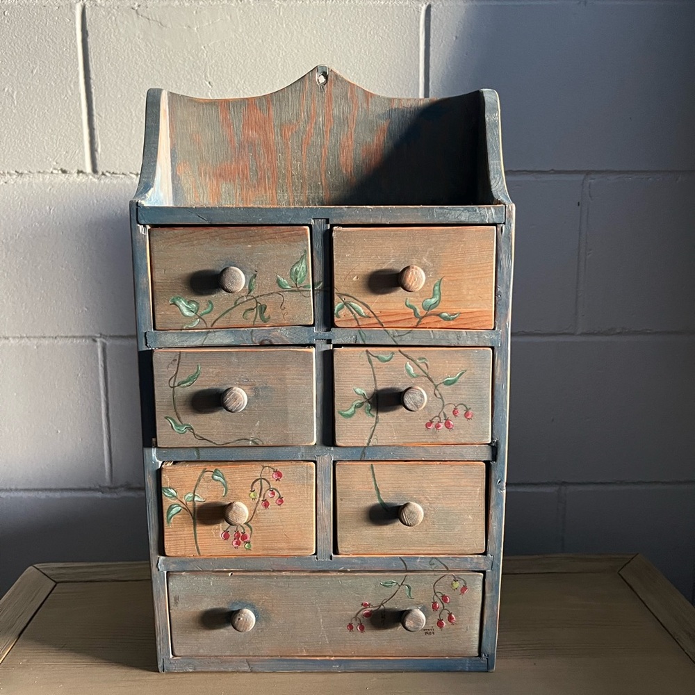 Vintage-Style Wooden Drawer Organizer with Floral Accents Apothecary Chest